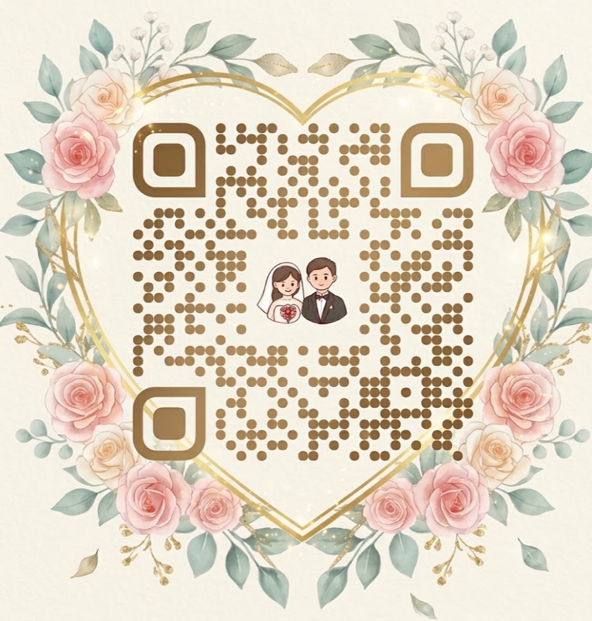 QR tiền mừng minh họa với vòng hoa hồng và hình cô dâu chú rể ở giữa